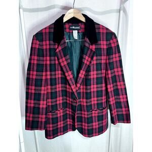 Vintage Sag Harbor Red Green Wool Tartan Plaid Holiday Blazer Jacket